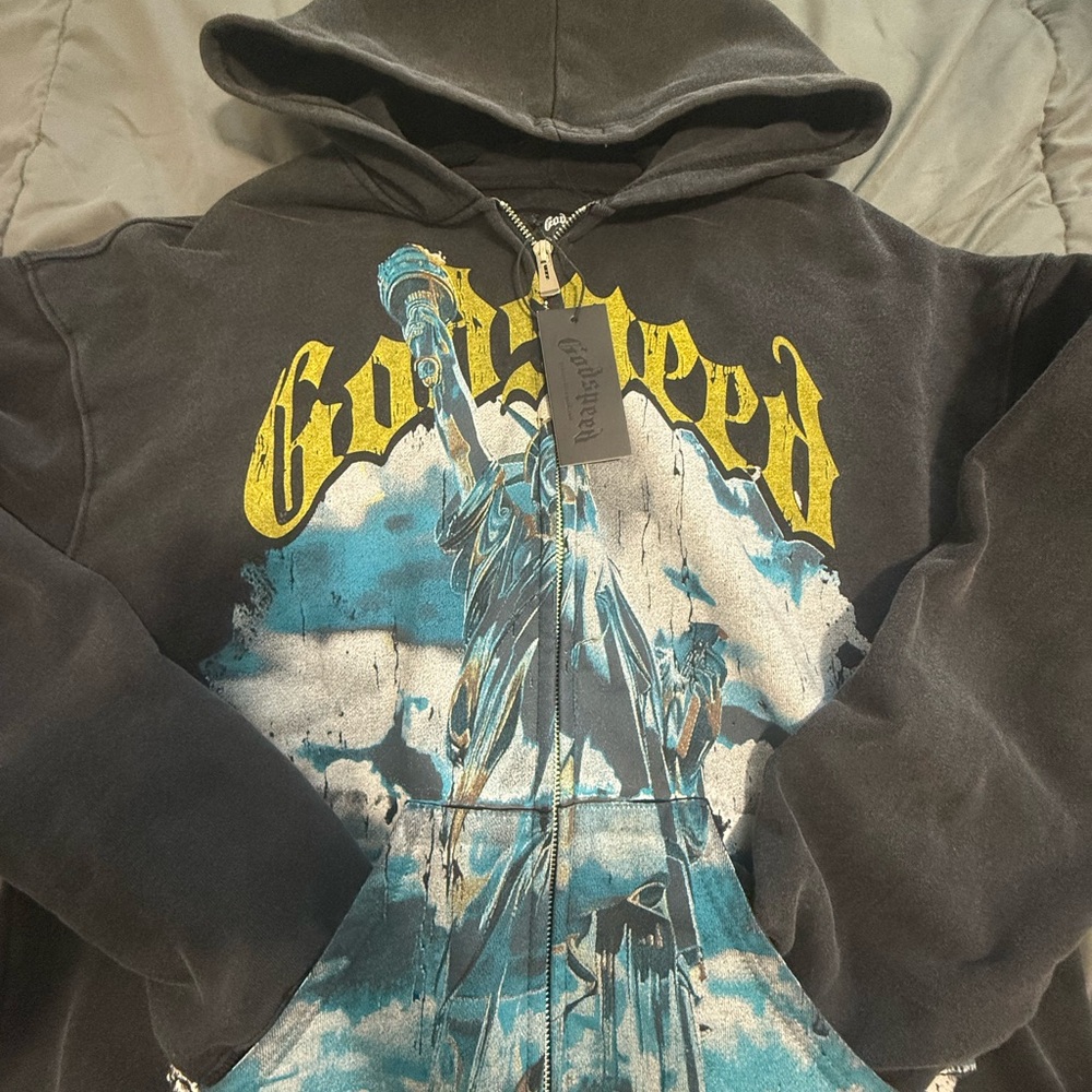 GODSPEED CHROME LIBERTY ZIP UP HOODIE WASHED BLACK.